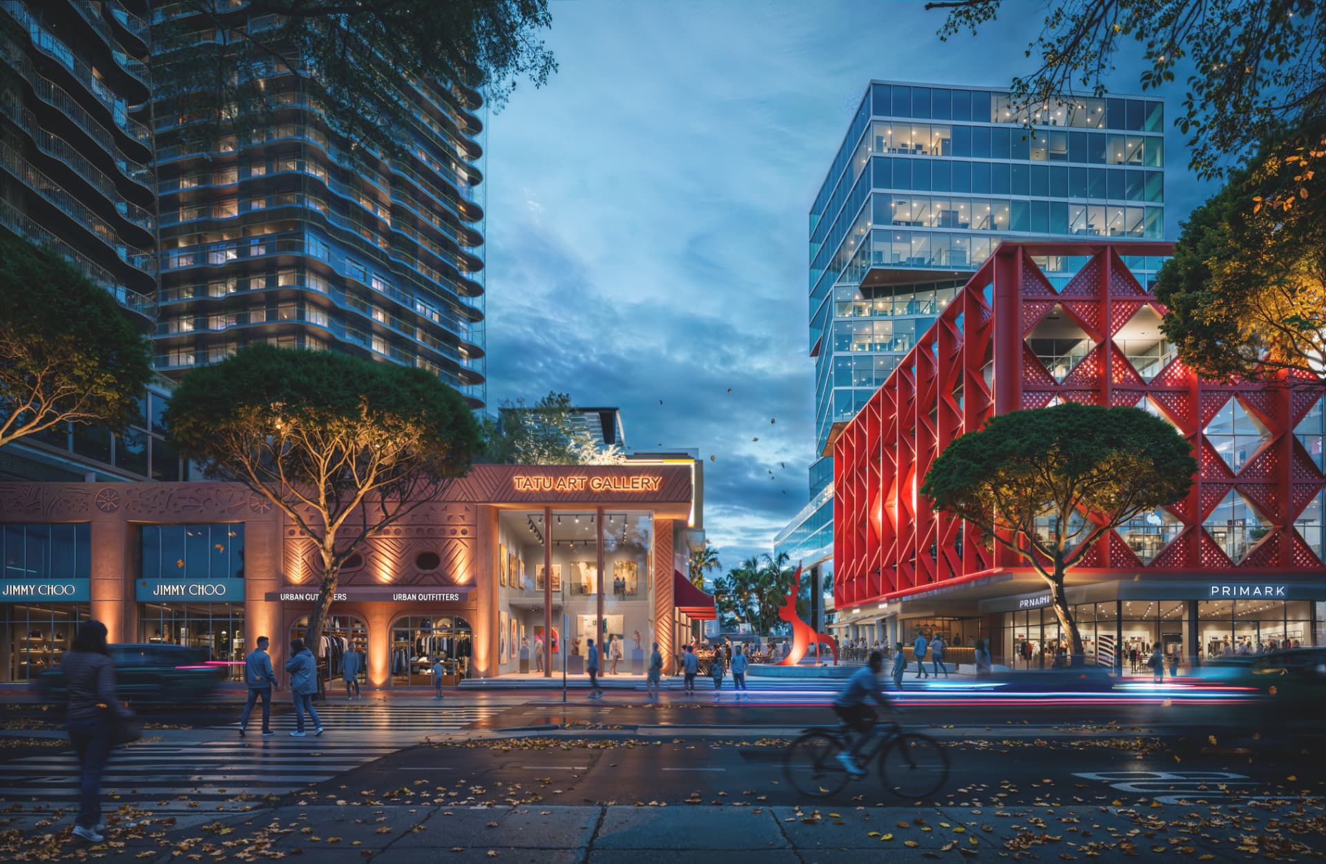 The Eneo retail and dining district at dusk, with shopfronts and the towers behind