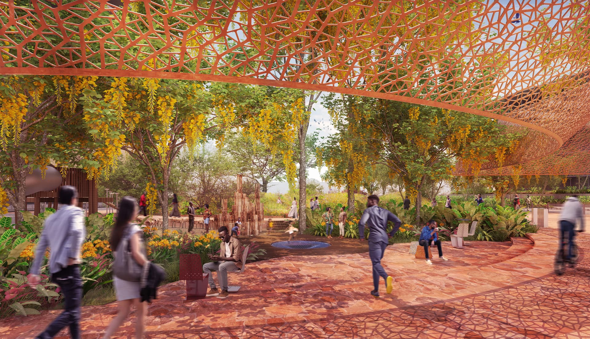 Families walking through the Tatu Central plaza pavilion under a latticed canopy