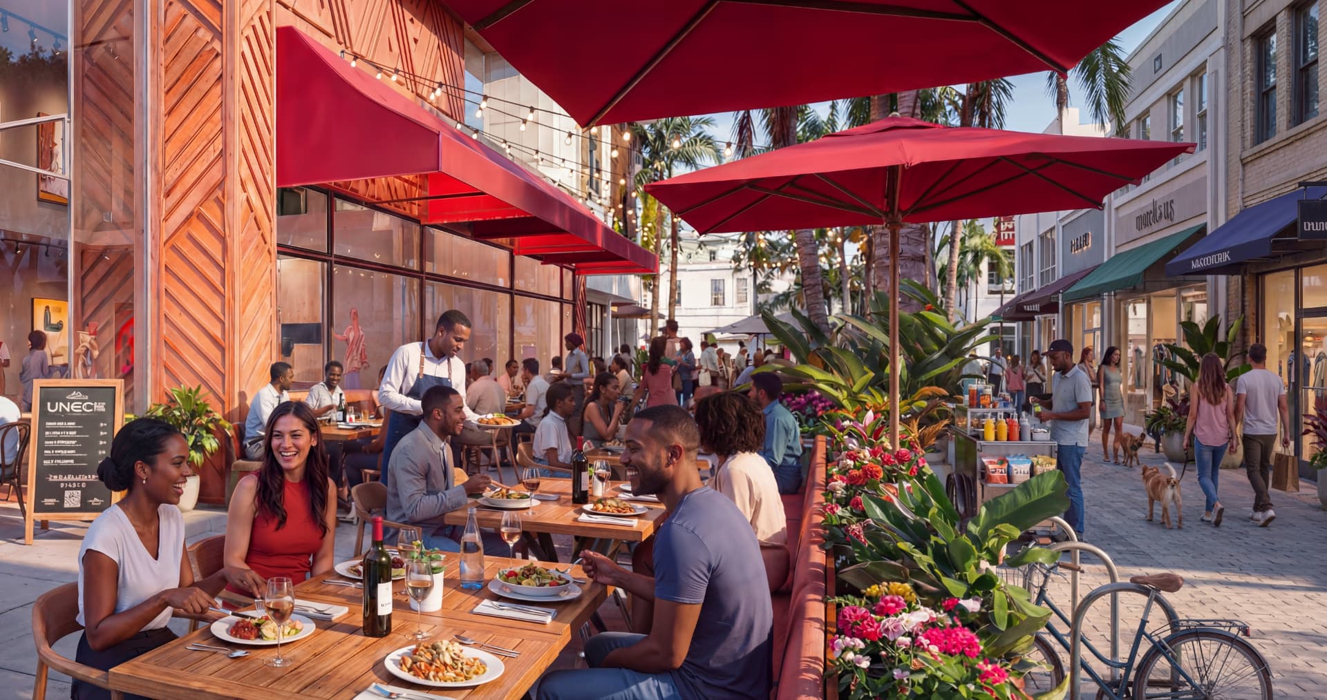 Diners at an outdoor restaurant terrace on a tree-lined Tatu City street