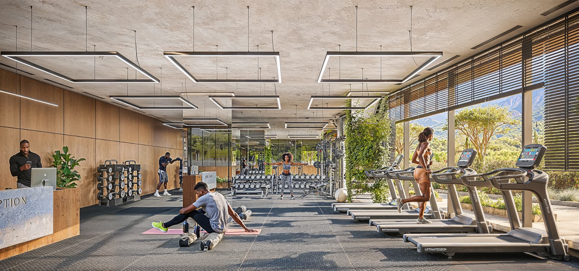 The Jabali Towers residents' gym with treadmills facing a garden view